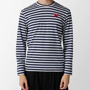 Comme des Garçons Play Red Heart Striped T-Shirt Blue Large